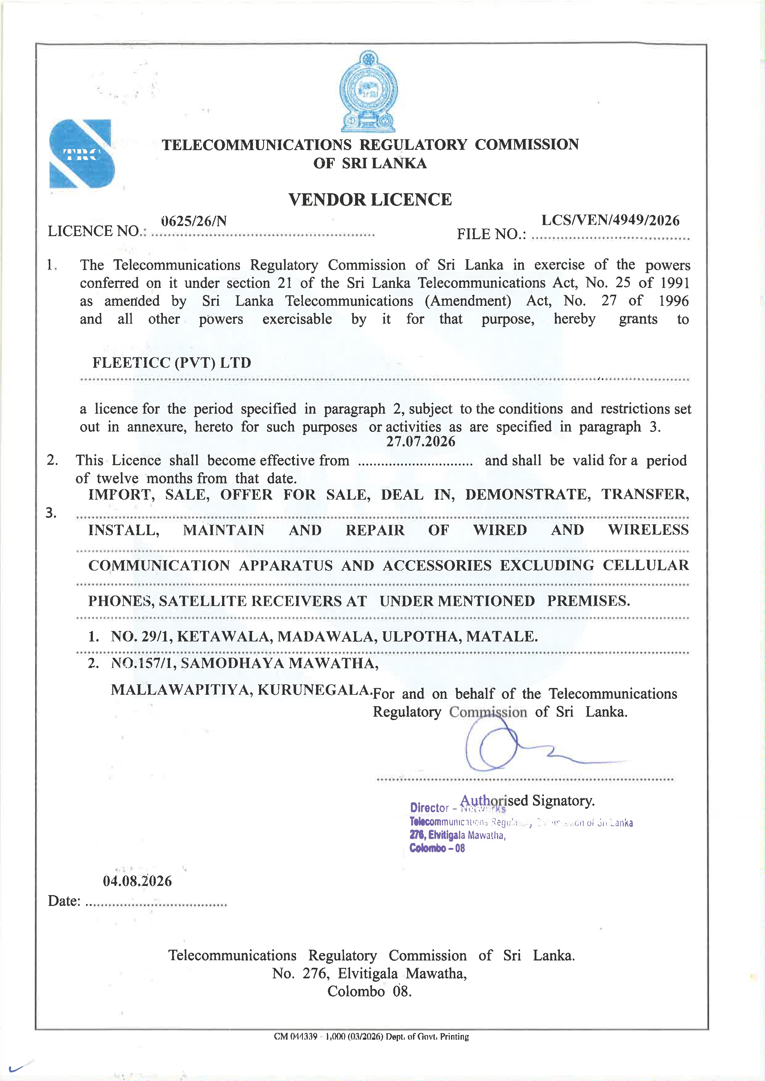 TRCSL Vendor Licence issued to Fleeticc (Pvt) Ltd